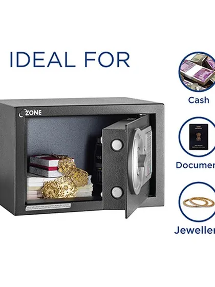 This image shows the Agate safe is ideal for storing cash, documents, and jewelry, with a view of its interior filled with valuables.