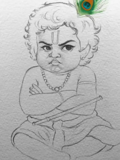 A detailed pencil and charcoal sketch capturing the fierce expression of a young, angry Krishna. The focus here is on the sharp lines of his eyes and the posture, showing a different side of his divine childhood.