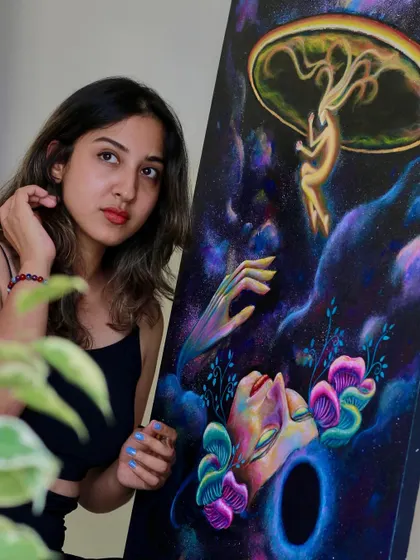 This painting was born from asking the question, 'Who am I?' It's my artistic exploration of consciousness and our place in the cosmos.