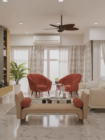 A wide shot of the 'House of Serene' living room, emphasizing the natural light and the harmonious blend of neutral tones and textures.