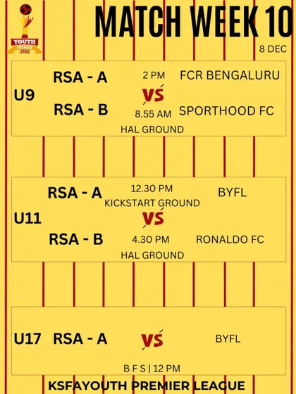 Match week 10 fixtures for our U9, U11, and U17 teams in the KSFA YPL.