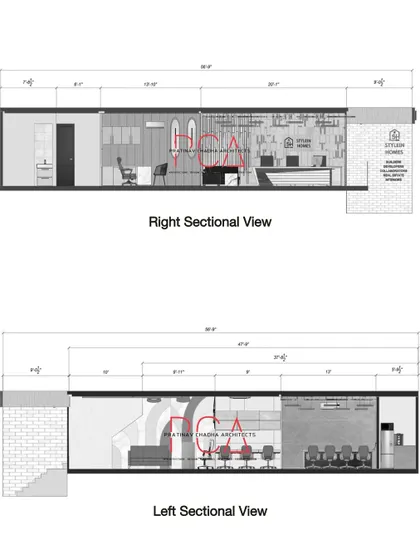 Left and right sectional views of the StyleIn Homes office. These sections further detail the interior elevations and custom-built features, demonstrating the comprehensive nature of my design and planning process.