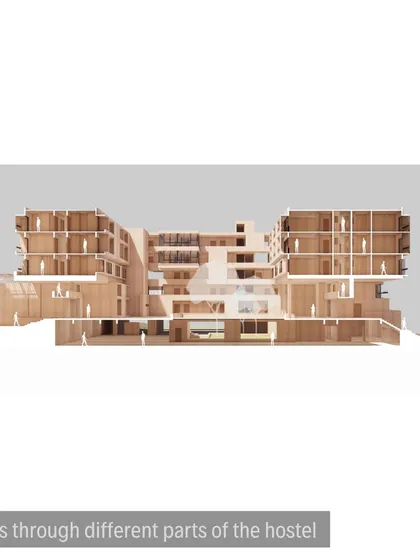 A detailed sectional model revealing the complex interplay of single rooms, common areas, and circulation paths within the hostel block.
