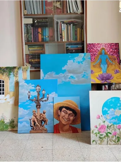 A look at some of my larger canvas works. My art explores various themes, from architectural details and portraits to spiritual and nature-inspired scenes.