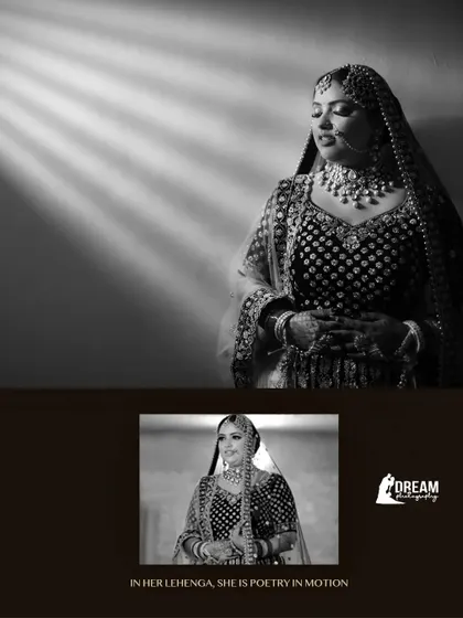 A black and white portrait of bride Karishma, using dramatic lighting to create a timeless and classic feel.