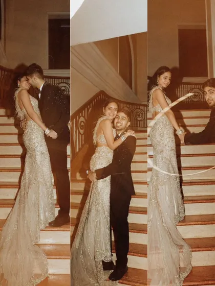 A collage showing the playful and romantic moments from Anmol and Bhavishya's shoot. From a shared kiss to a candid glance, these images capture the dynamic of their relationship with an editorial flair.