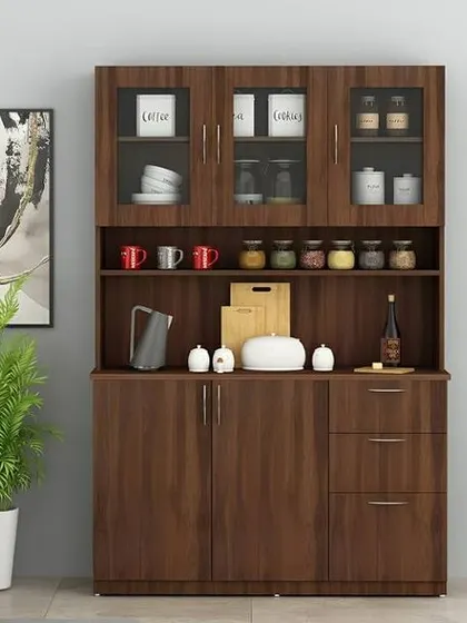 A classic dark wood crockery hutch. The upper cabinets are for display, the open shelf is for frequently used items, and the lower cabinets provide ample concealed storage.