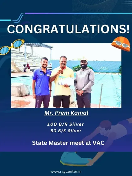 Congratulations to Mr. Prem Kamal for his silver medal wins in the 100m and 50m breaststroke events at the State Master meet. His success is a product of consistent, focused training.