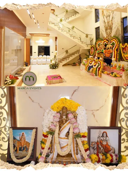 This collage shows how I approach a full housewarming event. The top image displays the spacious hall ready for guests, while the bottom image gives a closer look at the intricately decorated pooja area, ensuring divinity is at the heart of the celebration.