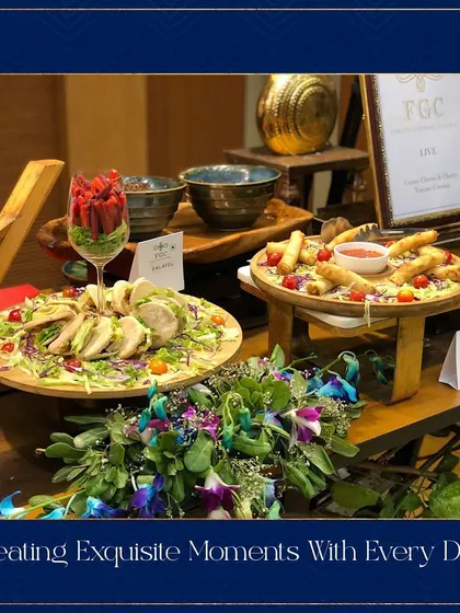 This image showcases a variety of our appetizer offerings, from salads to fried bites, all artfully arranged. The caption emphasizes our goal of creating exquisite moments with every dish we serve.