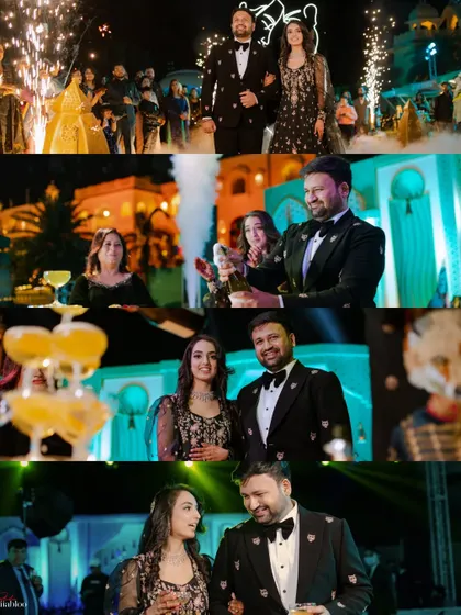 A collage summarizing the grandeur of Tanmay and Dipika's Sangeet. From their sparkling entrance to the champagne tower, it captures all the key moments of their glamorous celebration.