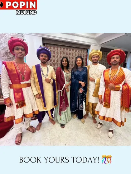 A group of groomsmen dressed in my Peshwai collection. It shows how you can outfit the entire groom's squad in coordinated, traditional attire for a Maharashtrian wedding.
