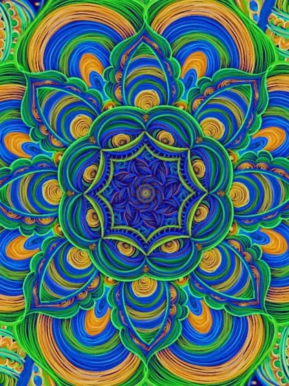 A zoomed-in view of the mandala's center, revealing a hypnotic, multi-layered floral pattern in peacock hues.