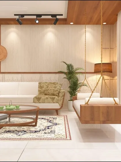 A serene living room corner featuring a modern wooden swing. The space is designed for relaxation, with a neutral color palette, soft lighting, and natural elements like the potted plant.