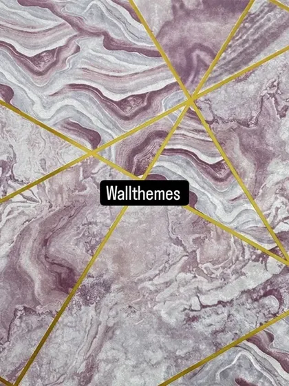 A unique purple and grey marble-effect wallpaper with a geometric pattern of gold lines.