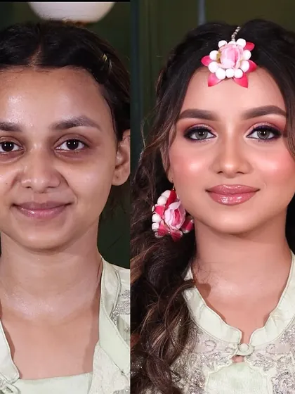 This is a full Mehendi look that I taught in my Pro Makeup Course. The transformation is fresh and vibrant, perfect for a daytime event.