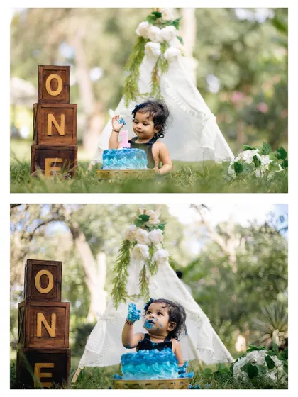 A two-panel collage showing a baby girl enjoying her first birthday cake during an outdoor smash session. The images capture her tasting the frosting with curiosity and delight.