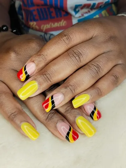 We love creating designs that are meaningful to our clients. This set was inspired by the Ugandan flag, using bright yellow, red, and black in a stylish, modern pattern.