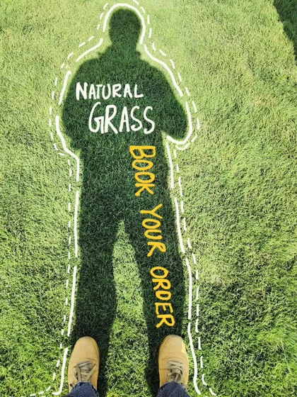 A creative graphic showcasing our natural grass. We invite you to book your order and transform your space.