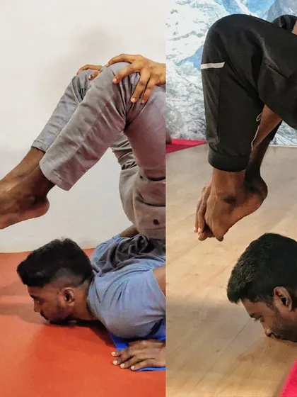 A closer look at the progress. You can see how the feet are closer to the head in the more recent photo. This is a testament to how assisted stretching and patience can transform a posture.