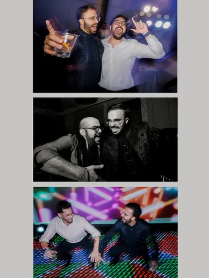 The groom and his friends letting loose on the dance floor, capturing the fun and camaraderie of the wedding party.