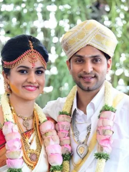 A close-up of a bride and groom in their traditional wedding attire. The richness of our Gowda culture is something I am proud to promote and preserve through my work.
