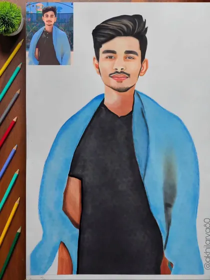 A simple and cool portrait of a young man, drawn on A2 paper. The large format allows the colors, like the bright blue shawl, to really stand out.