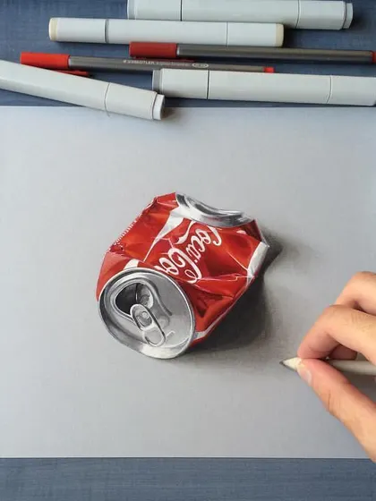 This hyper-realistic drawing of a crushed Coca-Cola can is a great example of my technical skill. Capturing the complex reflections, shadows, and texture of the metal was a fantastic challenge, done with Copic markers and colored pencils.