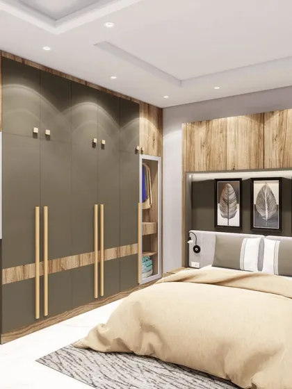 A beautiful wardrobe design combining olive green and wood-grain laminates. The long, elegant handles and open display niche add a touch of class.