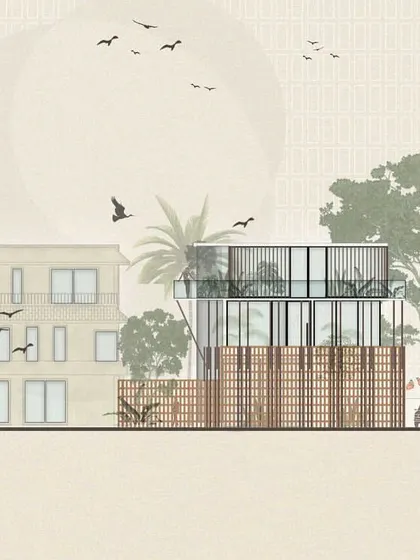 An elevation drawing for The Sanctuary. This illustration shows the screened, lightweight timber pavilion in its urban context, highlighting its role as a green, sustainable extension to an existing home.