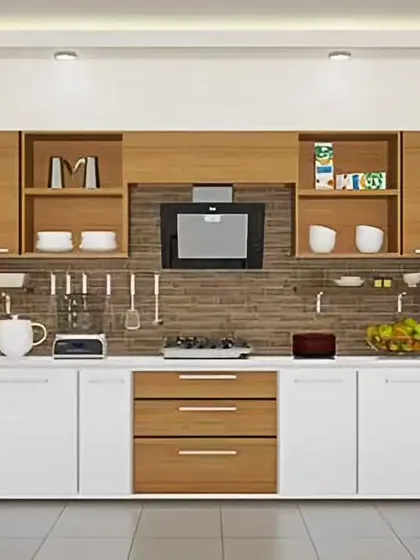 This U-shaped modular kitchen combines white and wood-finish cabinets for a clean, modern look. The design includes open shelving and a tiled backsplash for added texture and functionality.