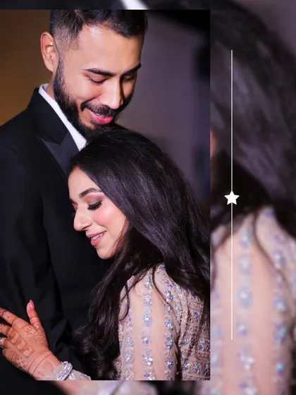 A close-up, emotional moment from an engagement shoot. The groom's gentle embrace and the bride's serene smile create a feeling of warmth and safety.