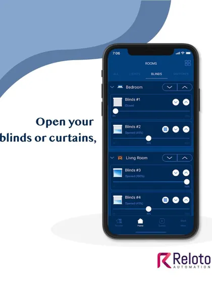 Effortlessly manage natural light and privacy. Through the app, you can open, close, or partially adjust all the automated blinds and curtains in your home, room by room.