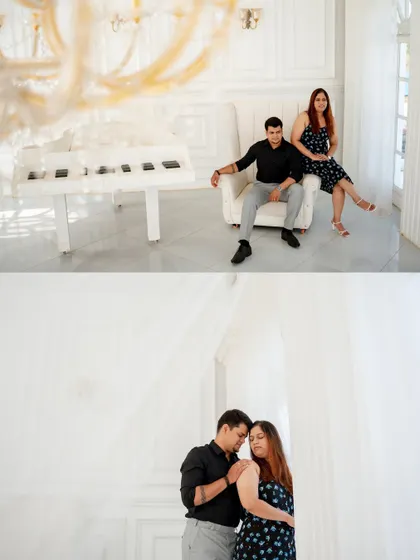 A pre-wedding shoot in a bright, white, European-style studio. The minimalist setting and elegant furniture create a sophisticated and timeless look.