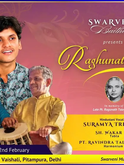 The event poster for Suramya Tripathi's Hindustani vocal performance at 'Raghunathanjali'.
