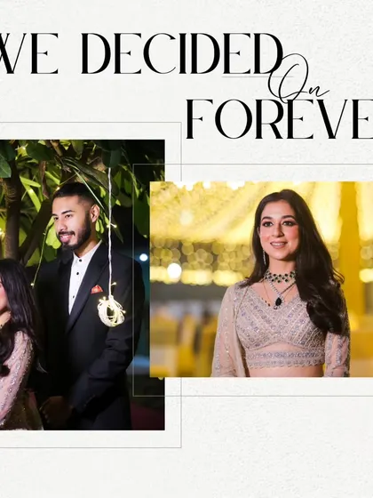 A stylish collage announcing "We Decided On Forever." It features the couple in their elegant evening wear at the Delhi Gymkhana Club, a classic venue.