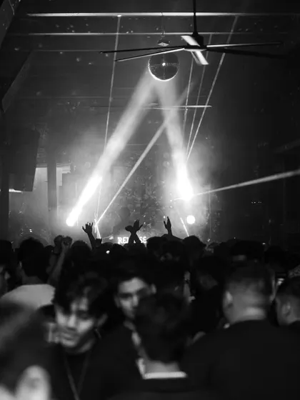 A black and white photo of the dance floor, with hands in the air. This timeless image captures the universal feeling of a great party.