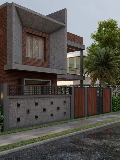A proposed design for a 40x60 ft plot in Shimoga. This home combines exposed brick with smooth concrete finishes, creating a rustic yet modern facade that is both unique and inviting.