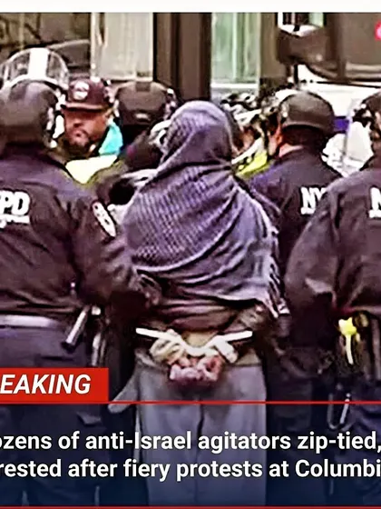 An image showing the arrest of student protestors at Columbia. This response criminalizes dissent and shifts focus away from the core issue of the protest, which is a call to end a genocide.