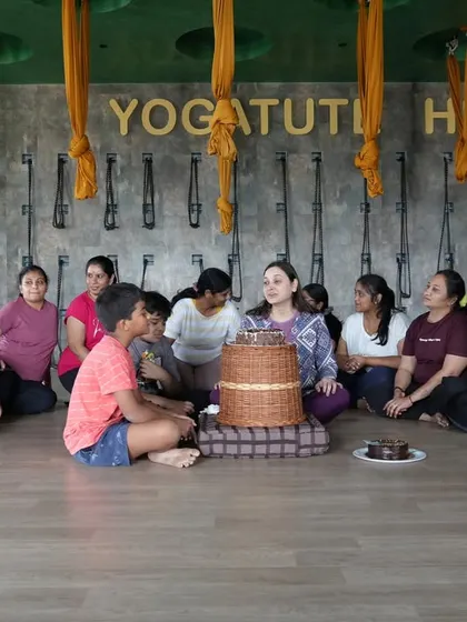 A student, Sunitha, chose to celebrate her birthday with her friends at our studio. It was a beautiful way to share the gift of wellness, complete with a healthy satvick cake.