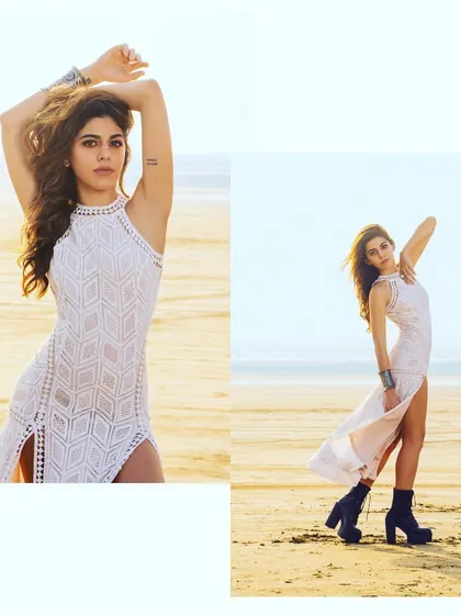 A fun, boho-inspired look for Alaya F. I paired a white crochet dress with chunky black boots and an oxidized bracelet to create a free-spirited and stylish vibe for this beach shoot.