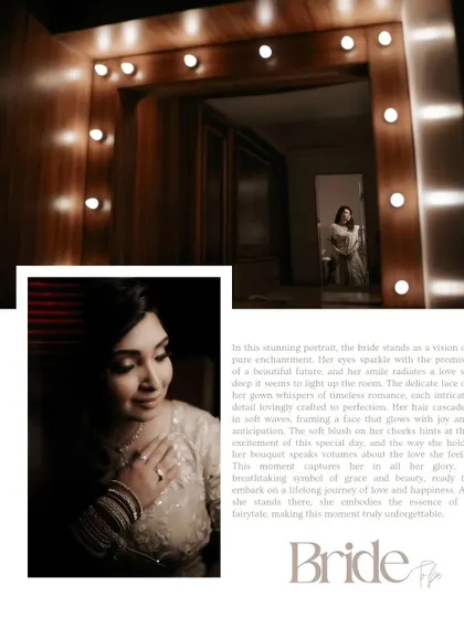 A beautiful collage of the bride in her dressing room. The vanity lights and her reflective pose capture the quiet, anticipatory moments before the ceremony.