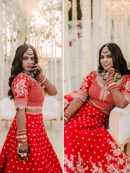 Two stunning portraits side-by-side, showing the versatility of the look. The makeup is both glamorous and soft, perfect for a modern bride.