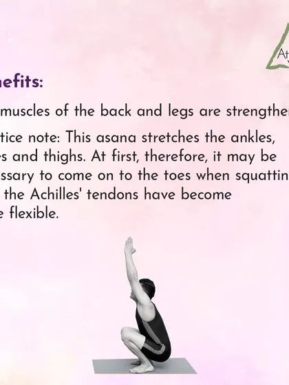 The benefits of Druta Utkatasana include strengthening the muscles of the back and legs, and stretching the ankles, knees, and thighs.