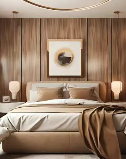 This bedroom is wrapped in warm, vertical wood paneling, creating a cozy, cabin-like feel. The design is accented with modern art and lighting, blending rustic texture with contemporary style.