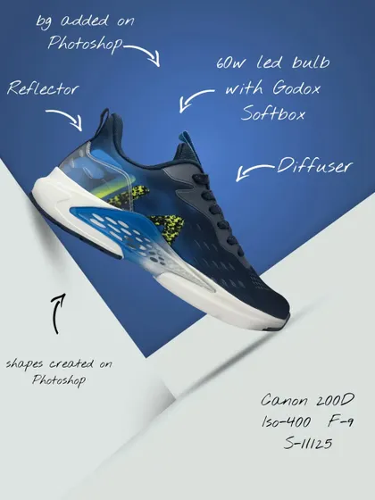 A detailed breakdown of the lighting and post production process for the blue Fila sneaker advertisement.