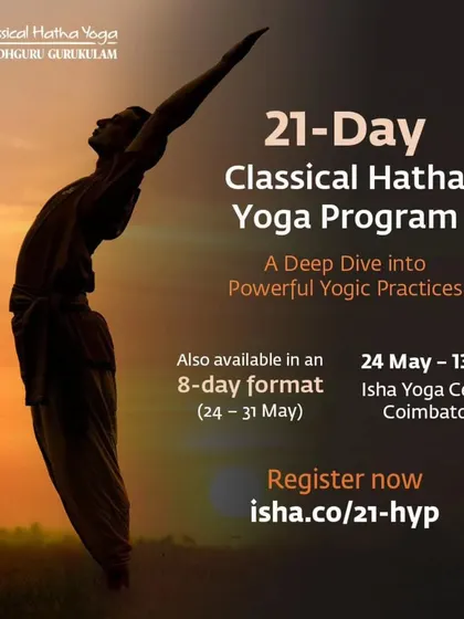 For those seeking a profound immersion, the 21-day program at the Isha Yoga Center is a life-transforming experience. This image of a yogi greeting the sun captures the deep connection that these practices foster.
