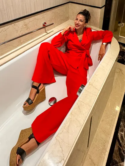 Having a bit of fun in a red suit for a GQ India event. Fashion should be expressive and playful.