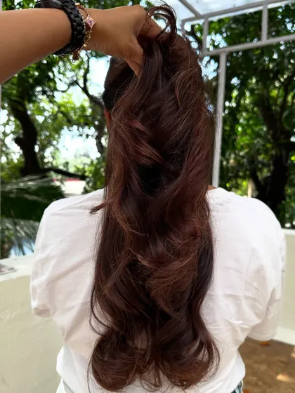 The ponytail test for the 'Chocolate Mahogany Brown' color.