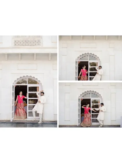 A series of three images showing the progression of a playful moment. This collage format is a great way to showcase the fun and dynamic energy of a couple's interaction during their shoot.